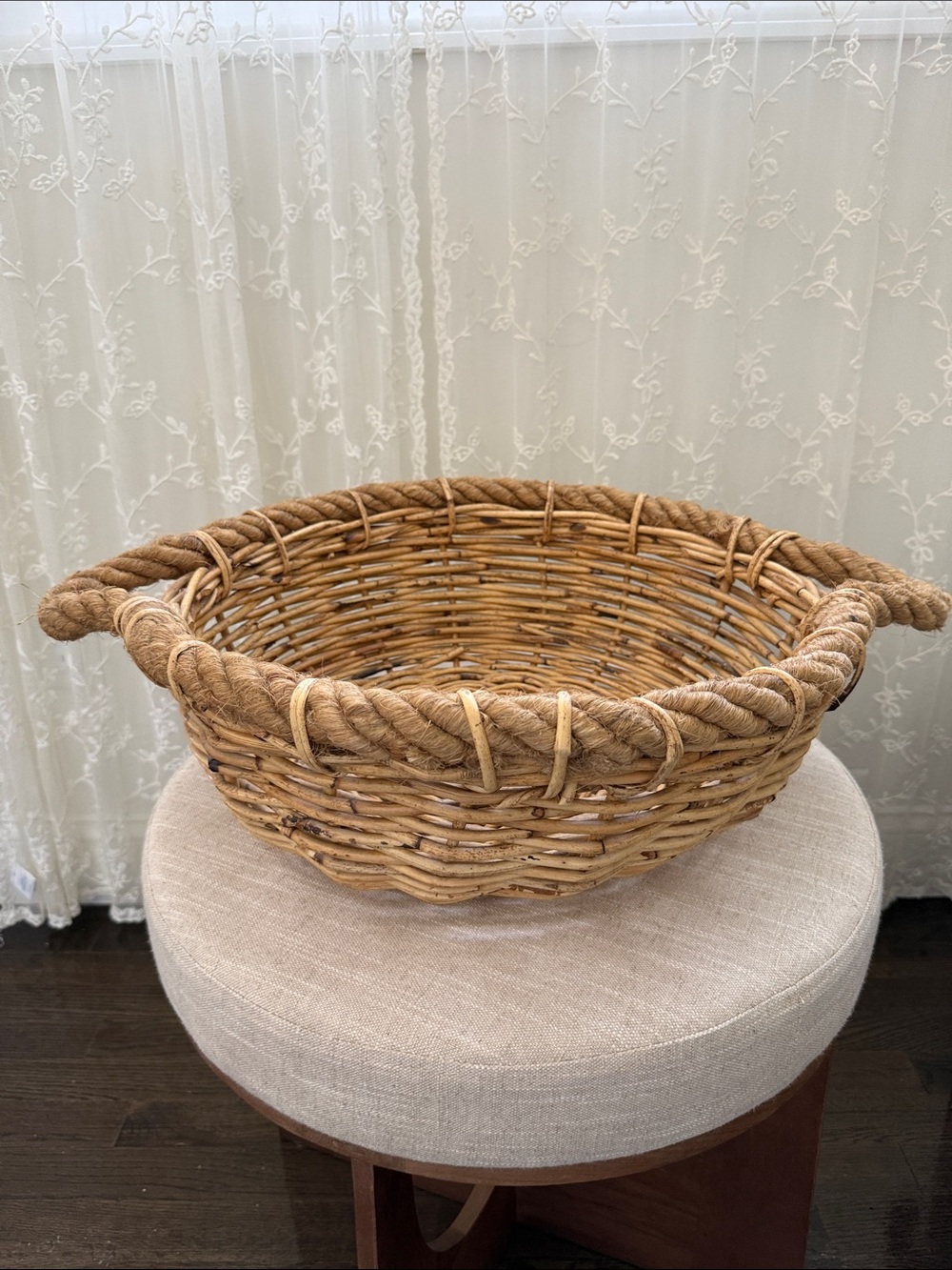 Vintage Round Woven Seagrass Rope Handle Basket